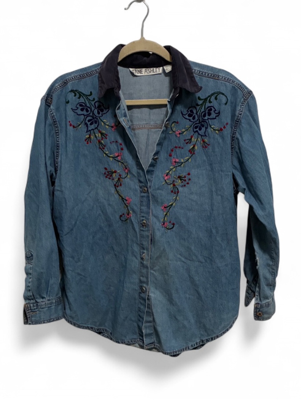Vintage Jane Ashley Floral Embroidered Light Blue Denim with Corduroy Collar